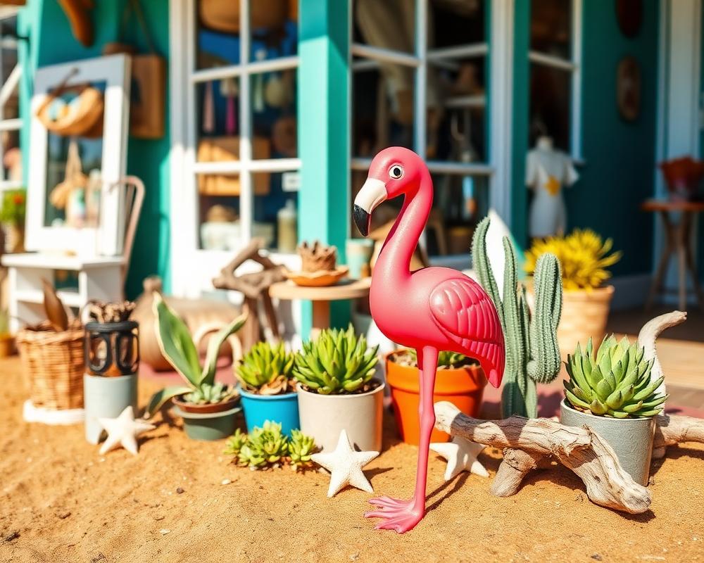 A pink flamingo ornament among potted succulents and driftwood outside The Blue Flamingo